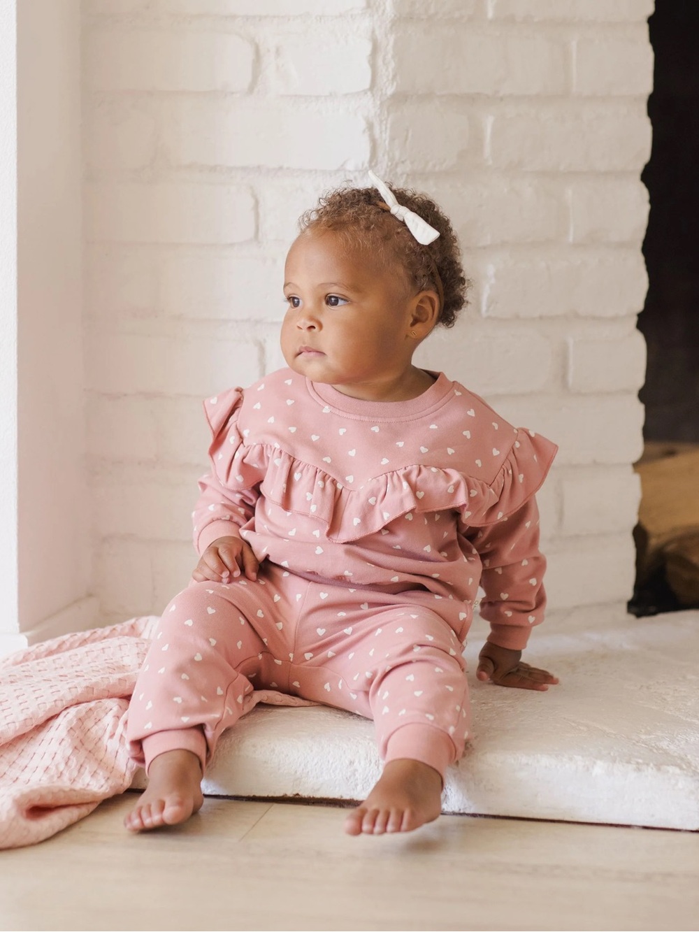 Quincy Mae Kids Pink Heart Ruffle Sweat Set